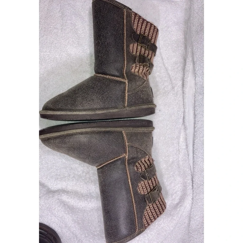 Bearpaw Womens Boots‎ Size 7 Brown Knit Mid Calf Sheepskin Lined Winter Cozy